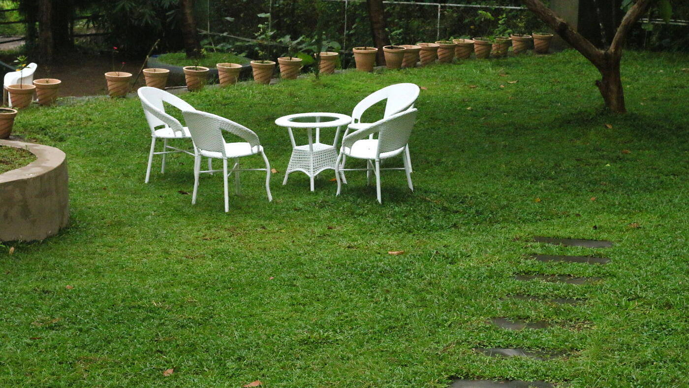 White garden chairs on open lawn
